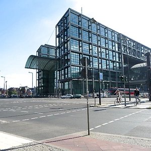 Glass building Berlin city central station crossroad